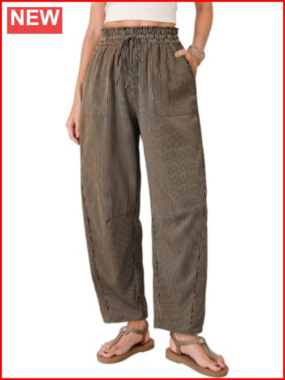 Barrel Striped Wide Leg Casual Pants with Pockets